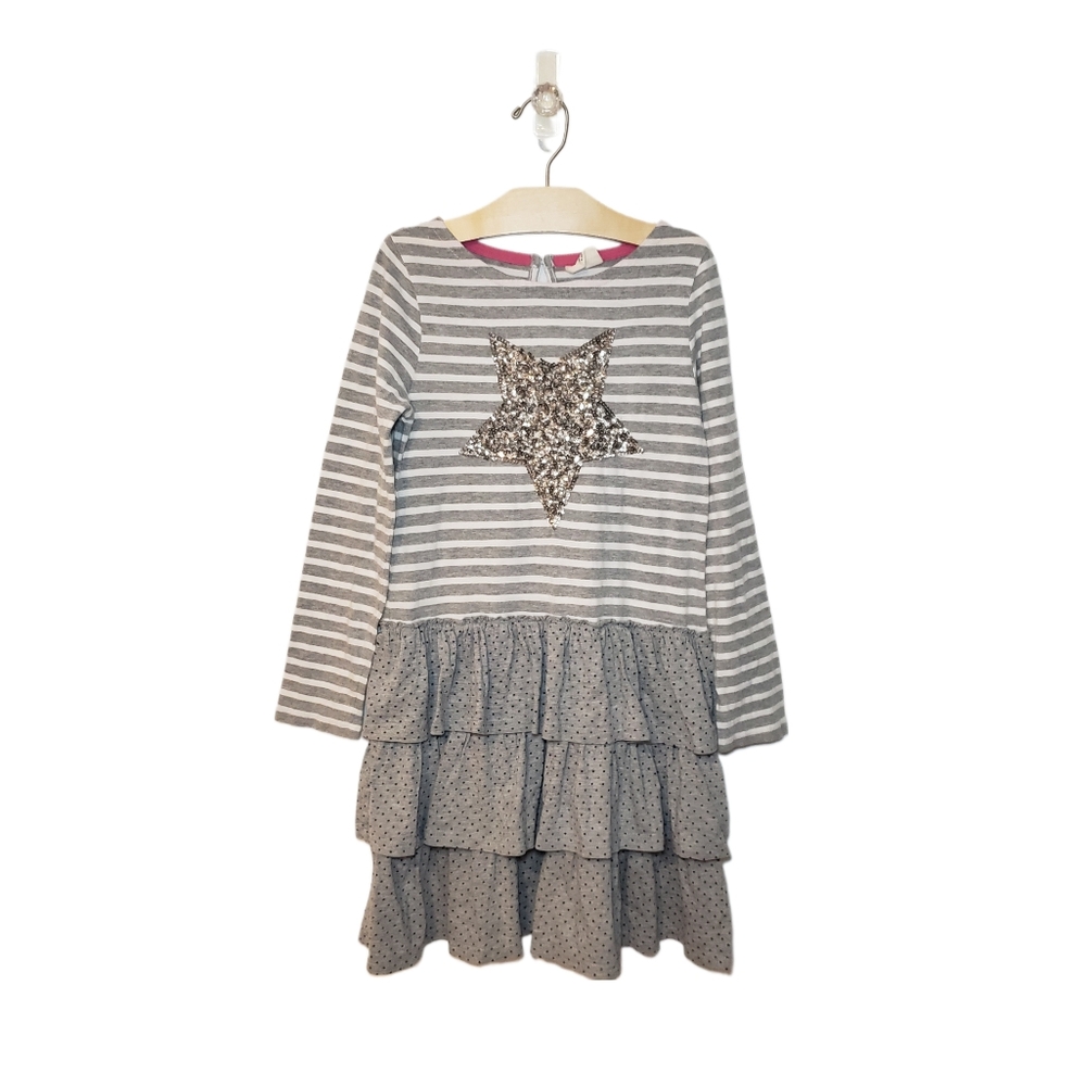 Mini Boden 9-10Y Girls Silver Sequin Star Ruffled Long Sleeve Mixed Media Dress